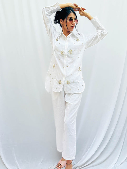 WHITE LINEN EMBELLISHED CLASSIC CO-ORD BESU INDIA