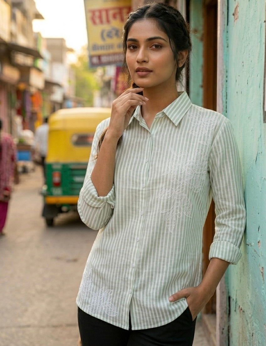 PASTEL GREEN STRIPED SHIRT WITH WHITE EMBROIDERY BESU INDIA
