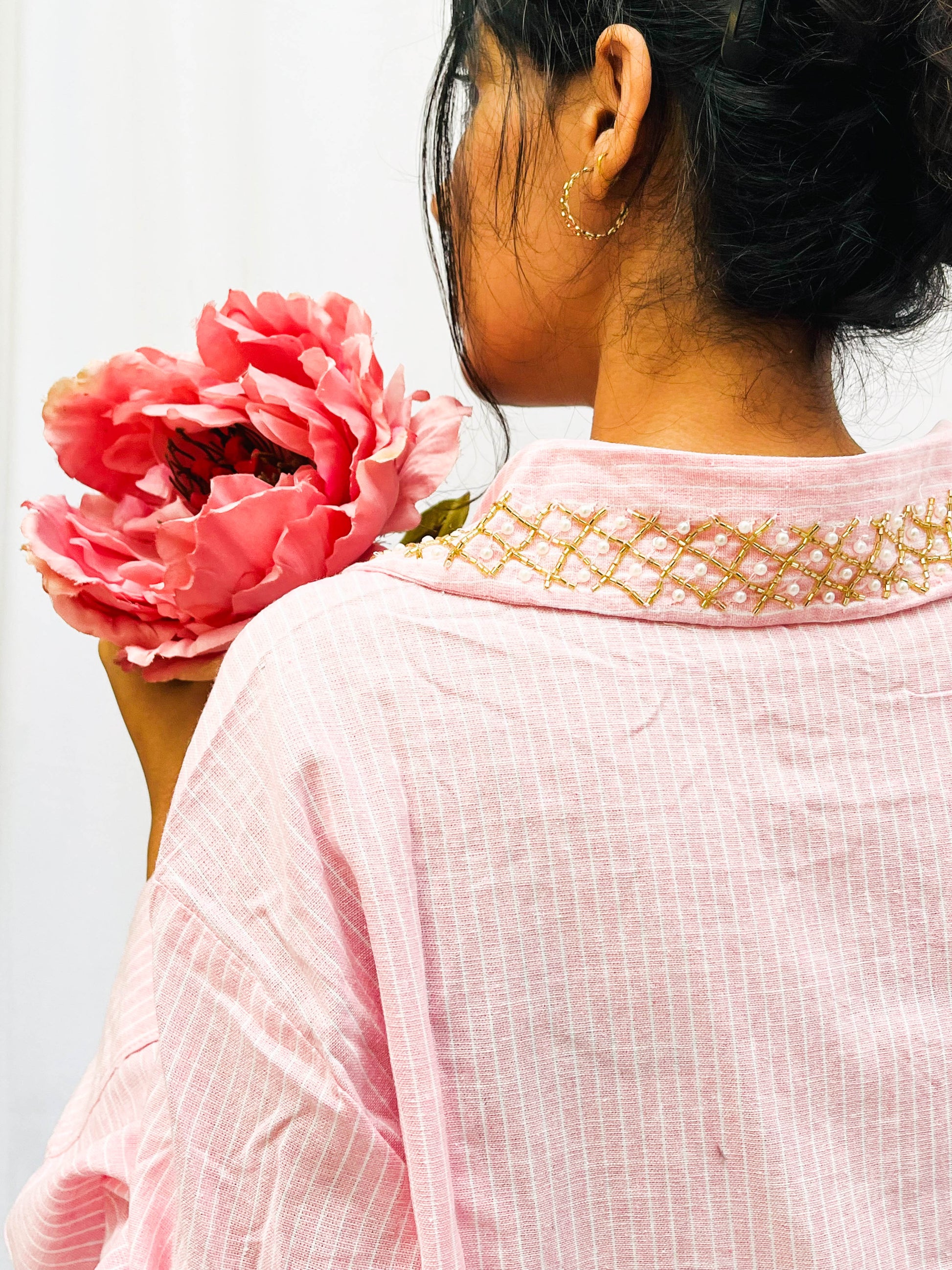 LIGHT PINK STRIPED SHIRT WITH EMBROIDERED COLLAR BESU INDIA
