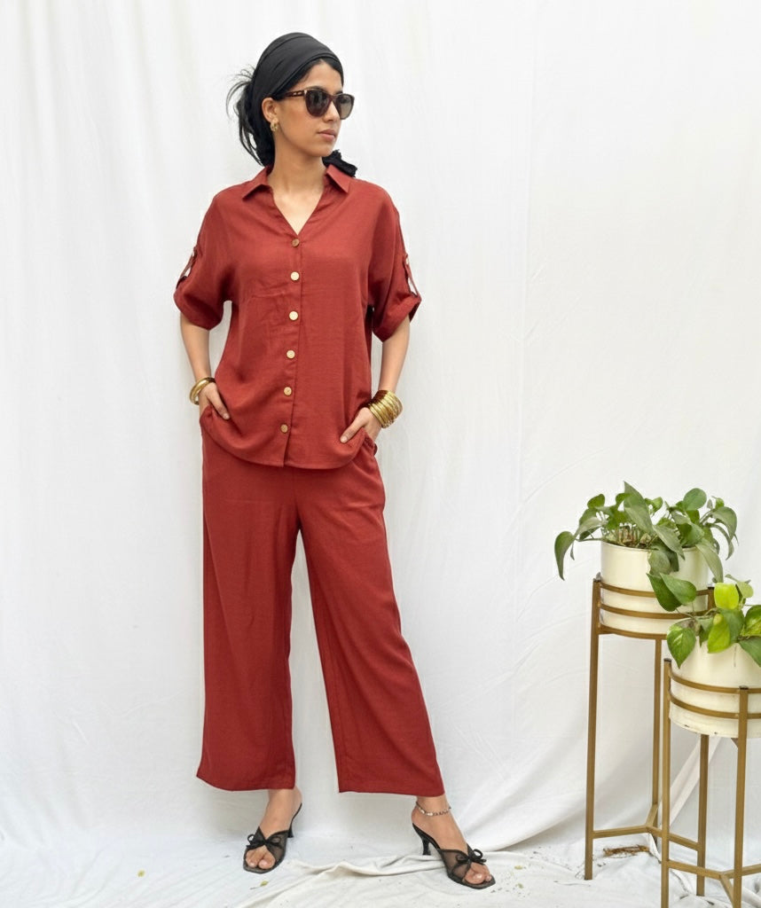 DEEP BURNT ORANGE CO-ORD SET WITH GOLD BUTTONS BESU INDIA