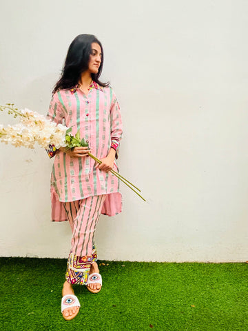 LIGHT PINK PATCH WORK COTTON CO-ORD SET BESU INDIA