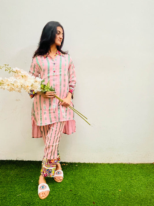 LIGHT PINK PATCH WORK COTTON CO-ORD SET BESU INDIA