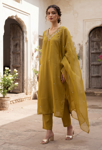 OLIVE FLORAL EMBROIDERED V-NECK KURTA SET BESU INDIA
