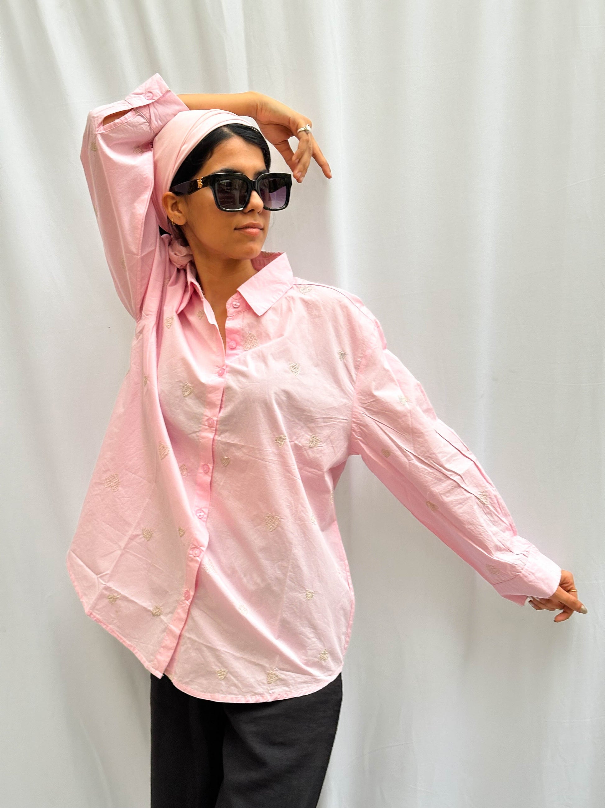 LIGHT PINK COTTON SHIRT WITH GOLD EMBROIDERED HEARTS BESU INDIA