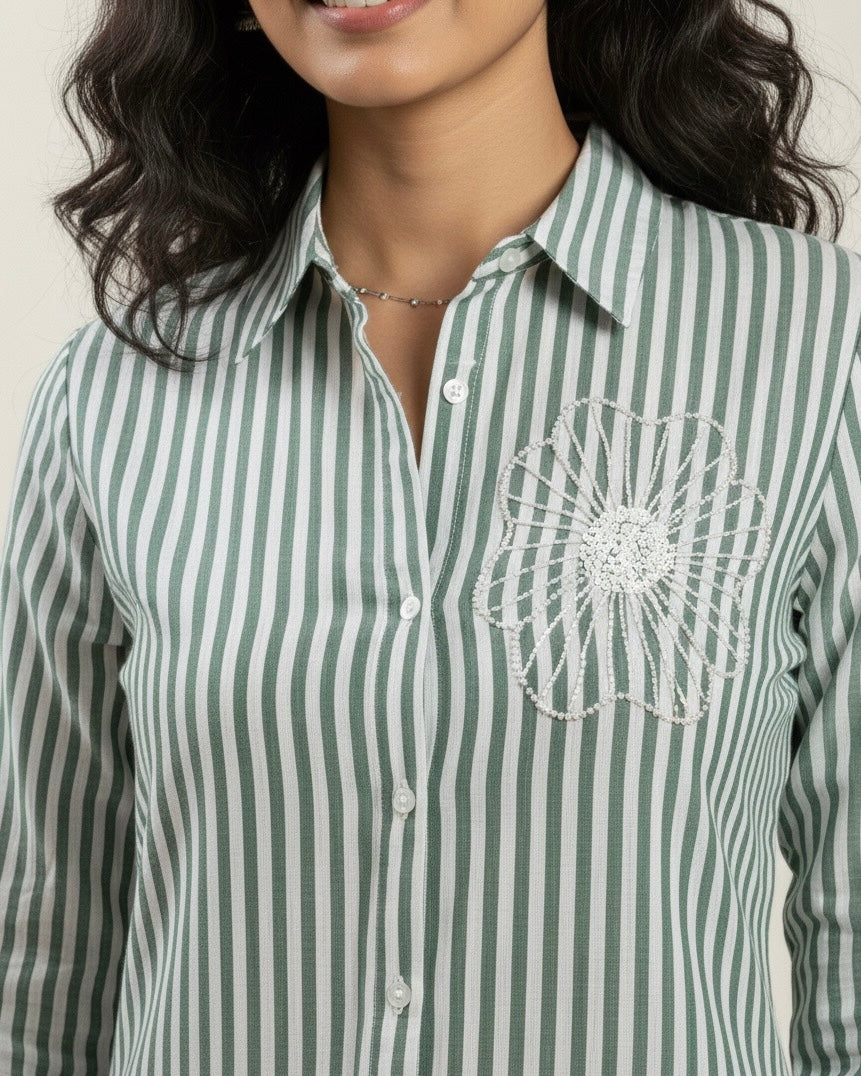 GREEN AND WHITE STRIPED SHIRT WITH PEARL BEADS EMBROIDERY BESU INDIA