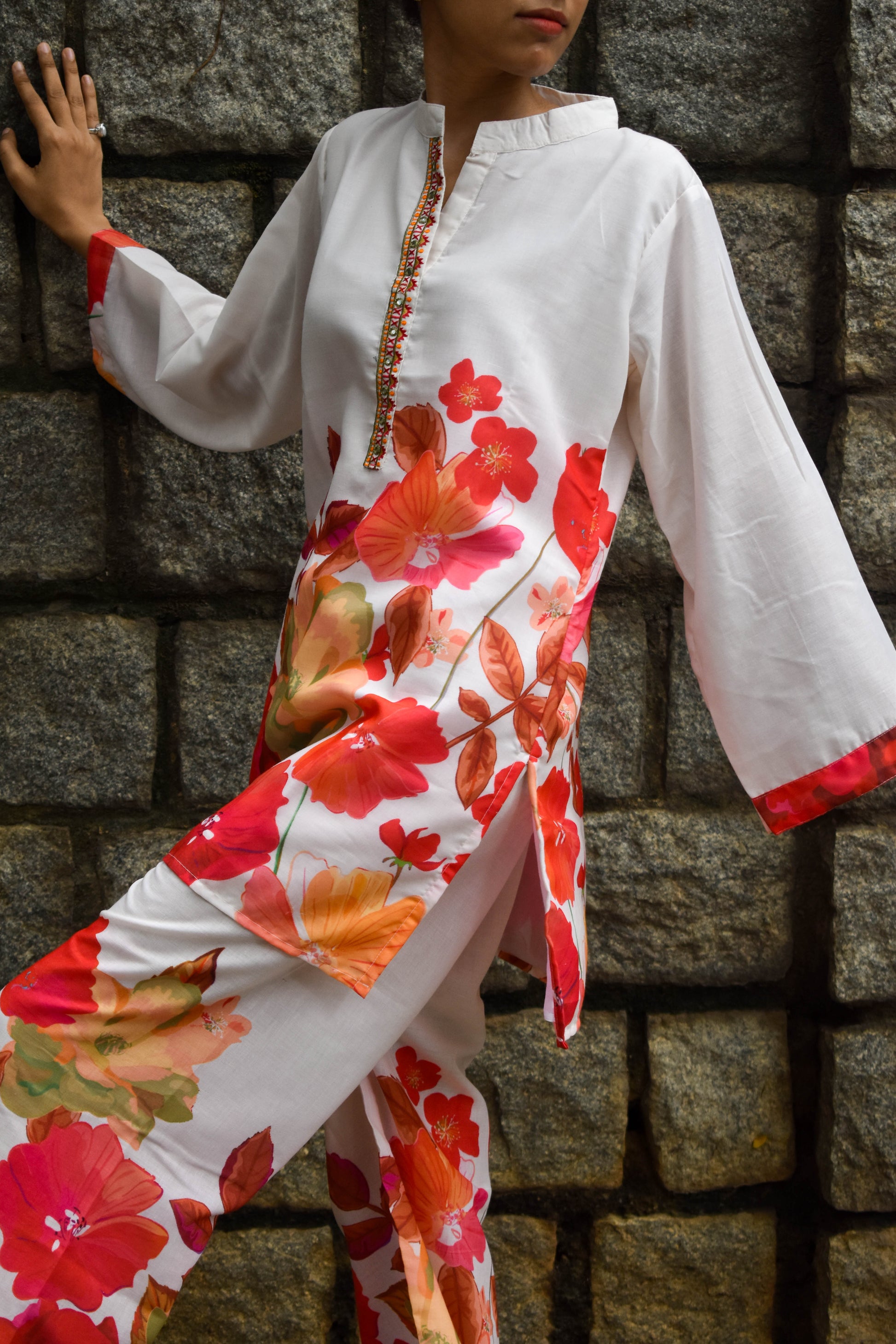 FLORAL PRINT CHINESE COLLAR COTTON KURTA SET BESU INDIA