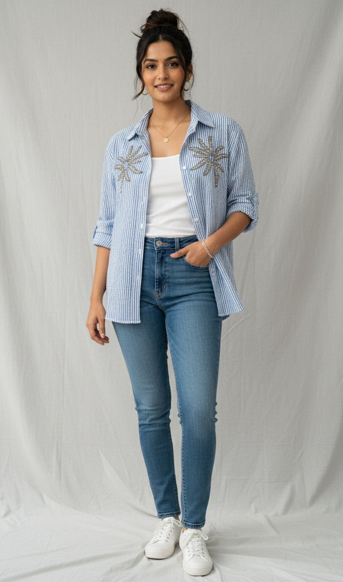 BLUE STRIPED SHIRT WITH HAND EMBELLISHMENTS COTTON SHIRT BESU INDIA