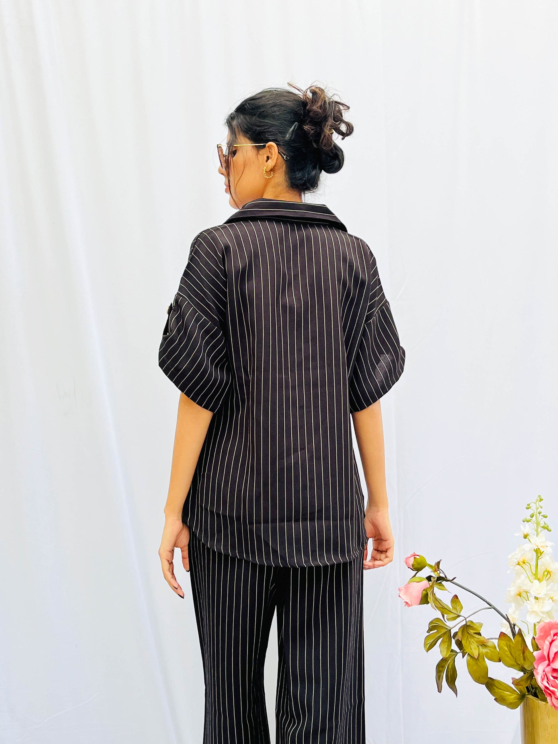 WHITE STRIPES ON BLACK LINEN CO-ORDS BESU INDIA
