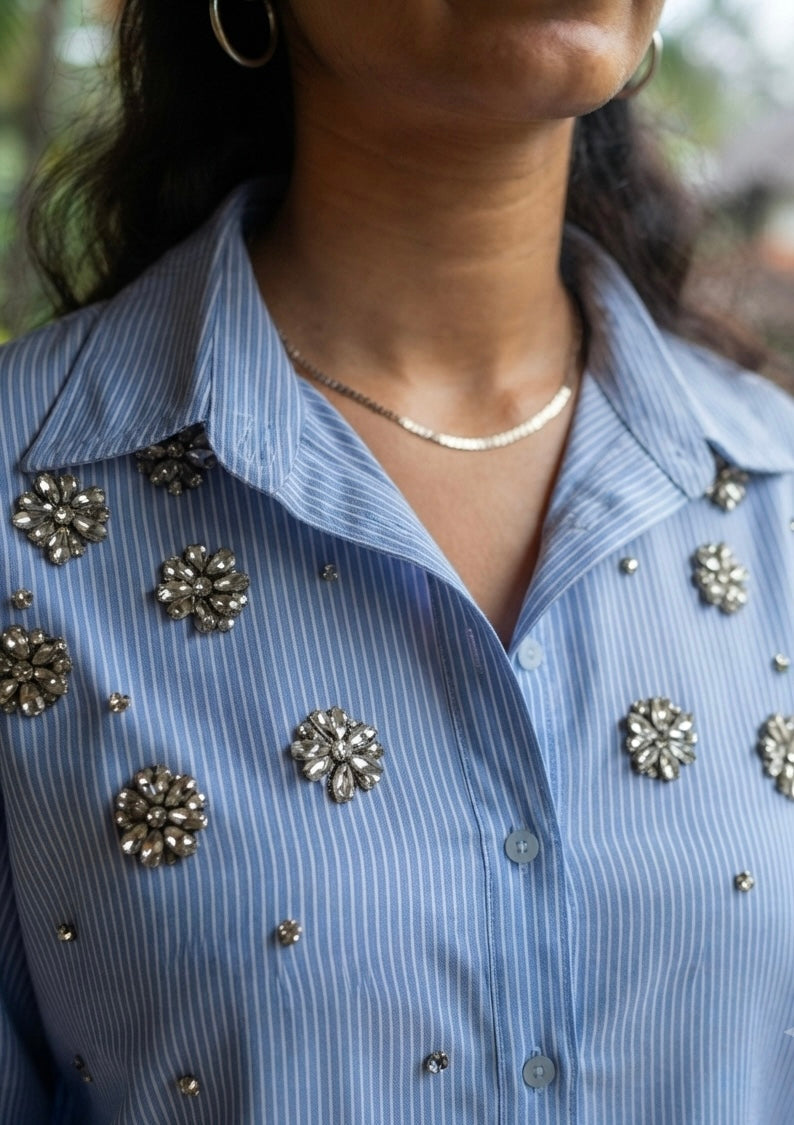 THE BLUE STRIPE SHIRT WITH STONE EMBELLISHMENTS BESU INDIA