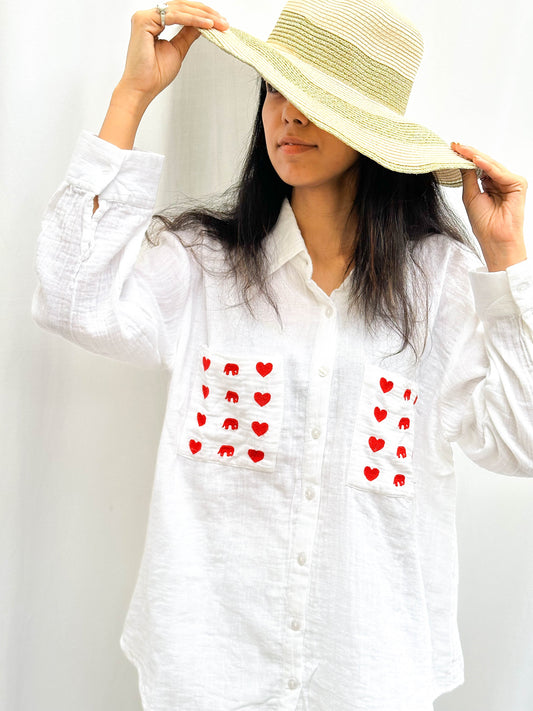 WHITE LINEN SHIRT WITH HEART PRINT POCKETS BESU INDIA