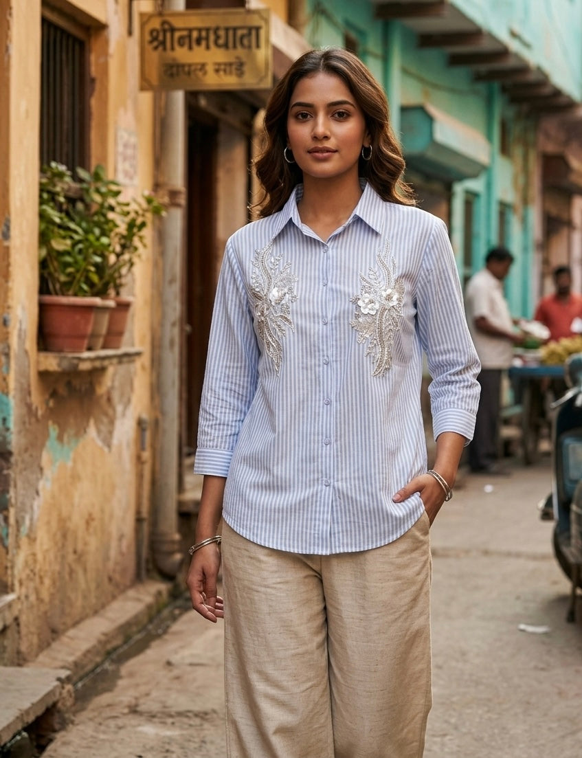 BLUE AND WHITE STRIPED SHIRT WITH EMBROIDERY BESU INDIA
