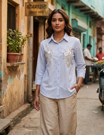 BLUE AND WHITE STRIPED SHIRT WITH EMBROIDERY BESU INDIA