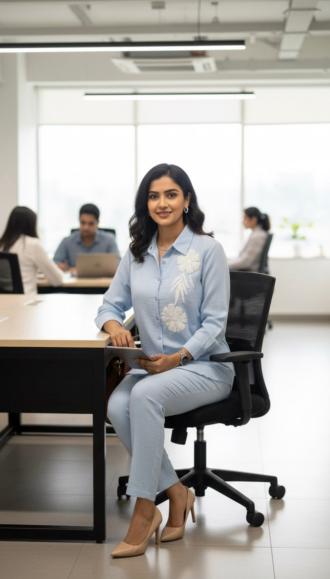 BLUE SOFT COTTON LINEN CO-ORDS WITH PATCHWORK WHITE SEQUINS EMBROIDERY BESU INDIA