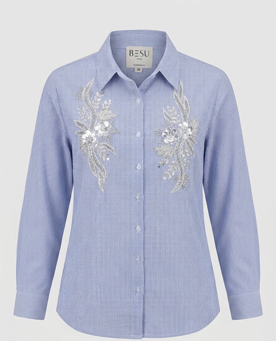 PERIWINKLE BLUE FLORAL EMBROIDERED SHIRT BESU INDIA