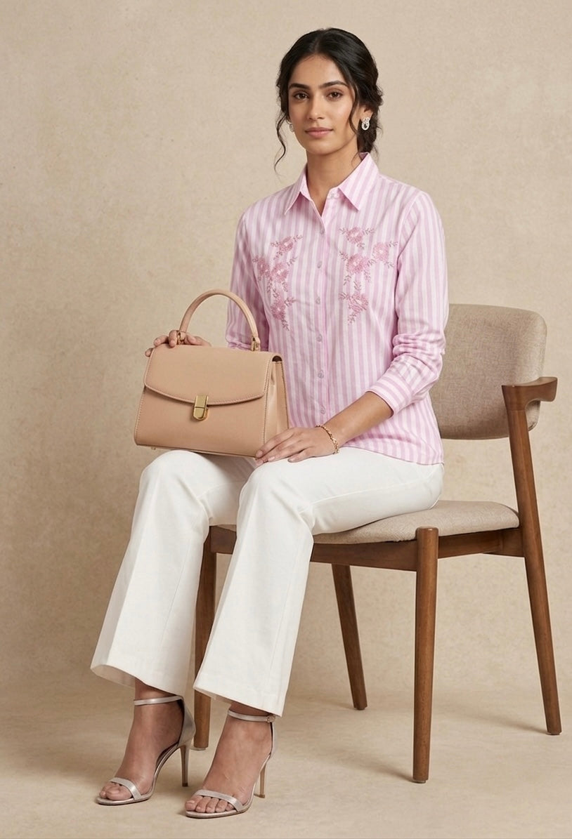 PINK STRIPED SHIRT WITH FLORAL EMBROIDERY BESU INDIA