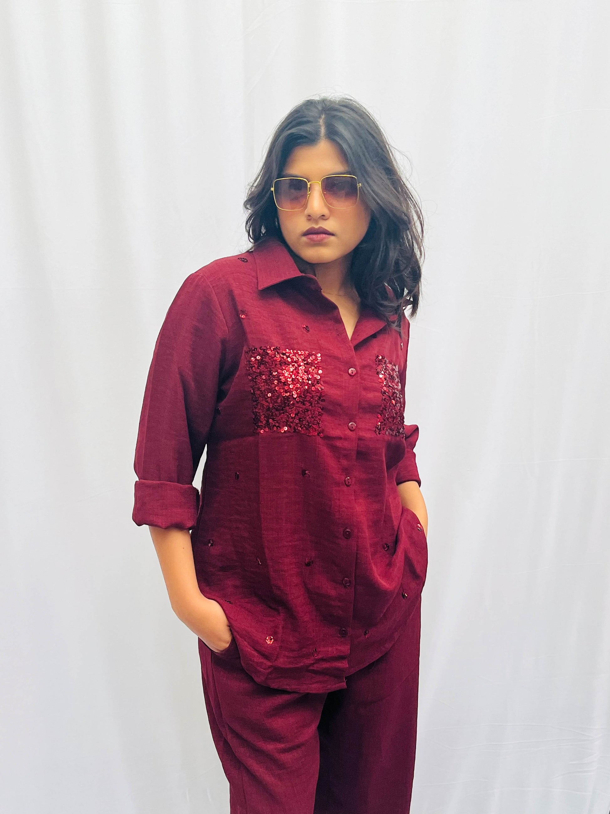 WINE RED LINEN CO-ORDS WITH SEQUINS POCKETS BESU INDIA