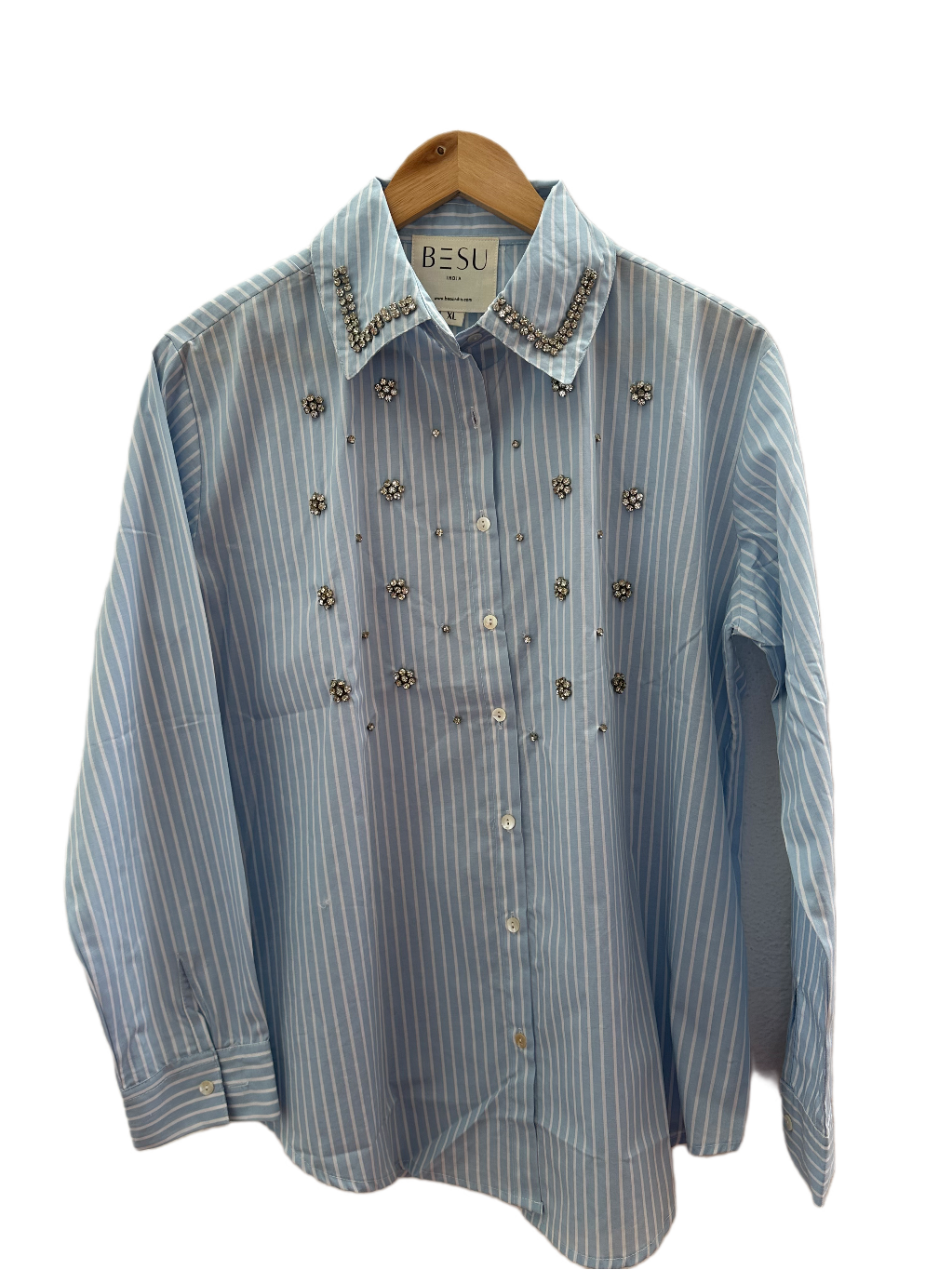 LIGHT BLUE STRIPED STUDDED COTTON SHIRT BESU INDIA