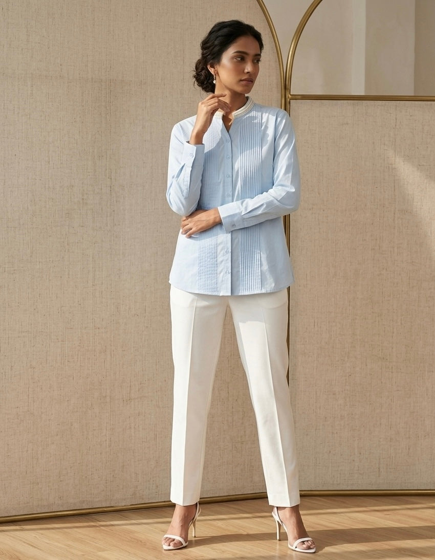 POWDER BLUE SHIRT WITH EMBROIDERED COLLAR BESU INDIA
