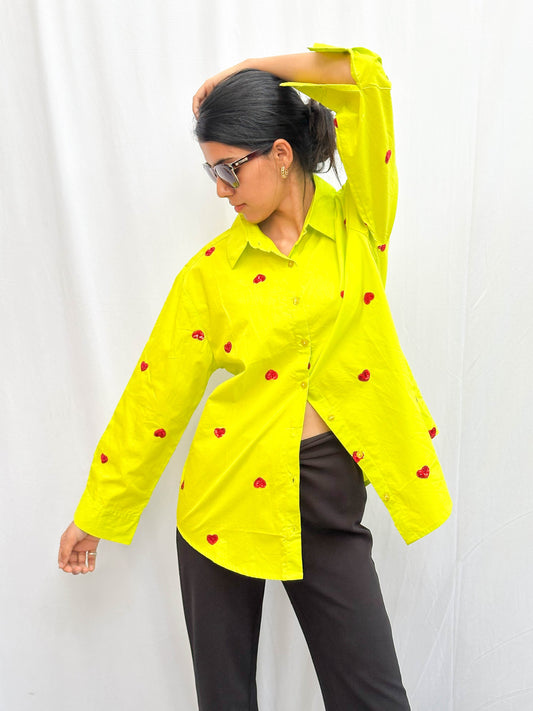 NEON GREEN HEART EMBROIDERED COTTON SHIRT BESU INDIA