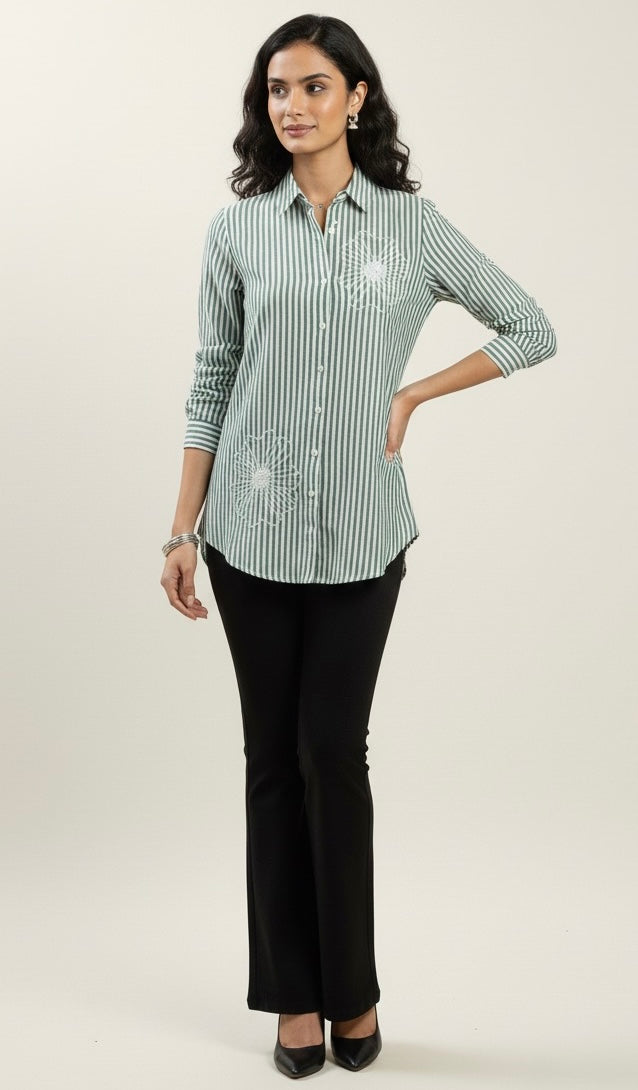GREEN AND WHITE STRIPED SHIRT WITH PEARL BEADS EMBROIDERY BESU INDIA