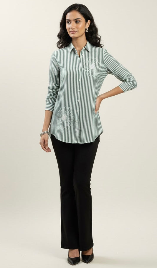 GREEN AND WHITE STRIPED SHIRT WITH PEARL BEADS EMBROIDERY BESU INDIA