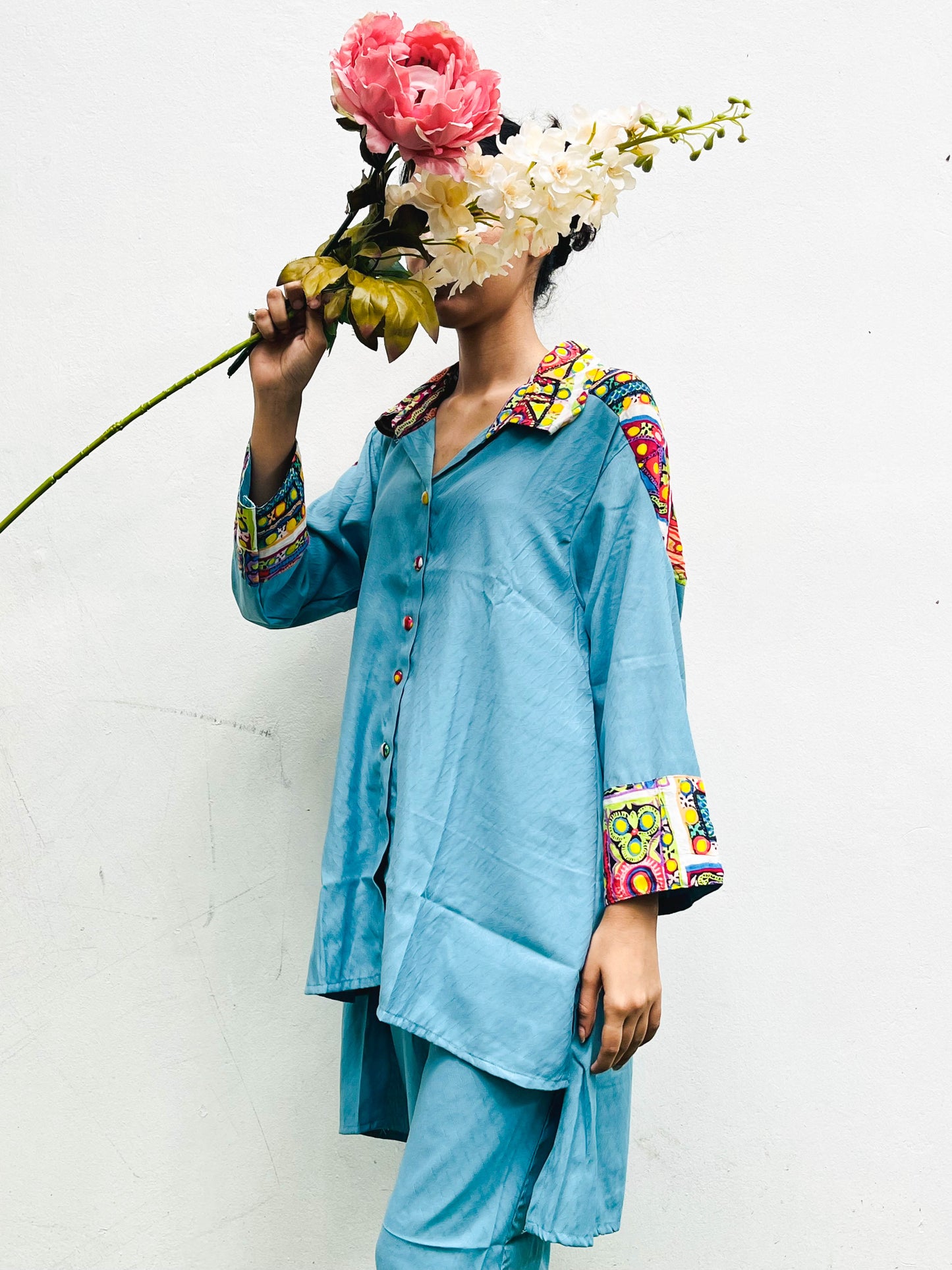 BLUE PATCH WORKED COTTON CO-ORD / KURTA SET BESU INDIA