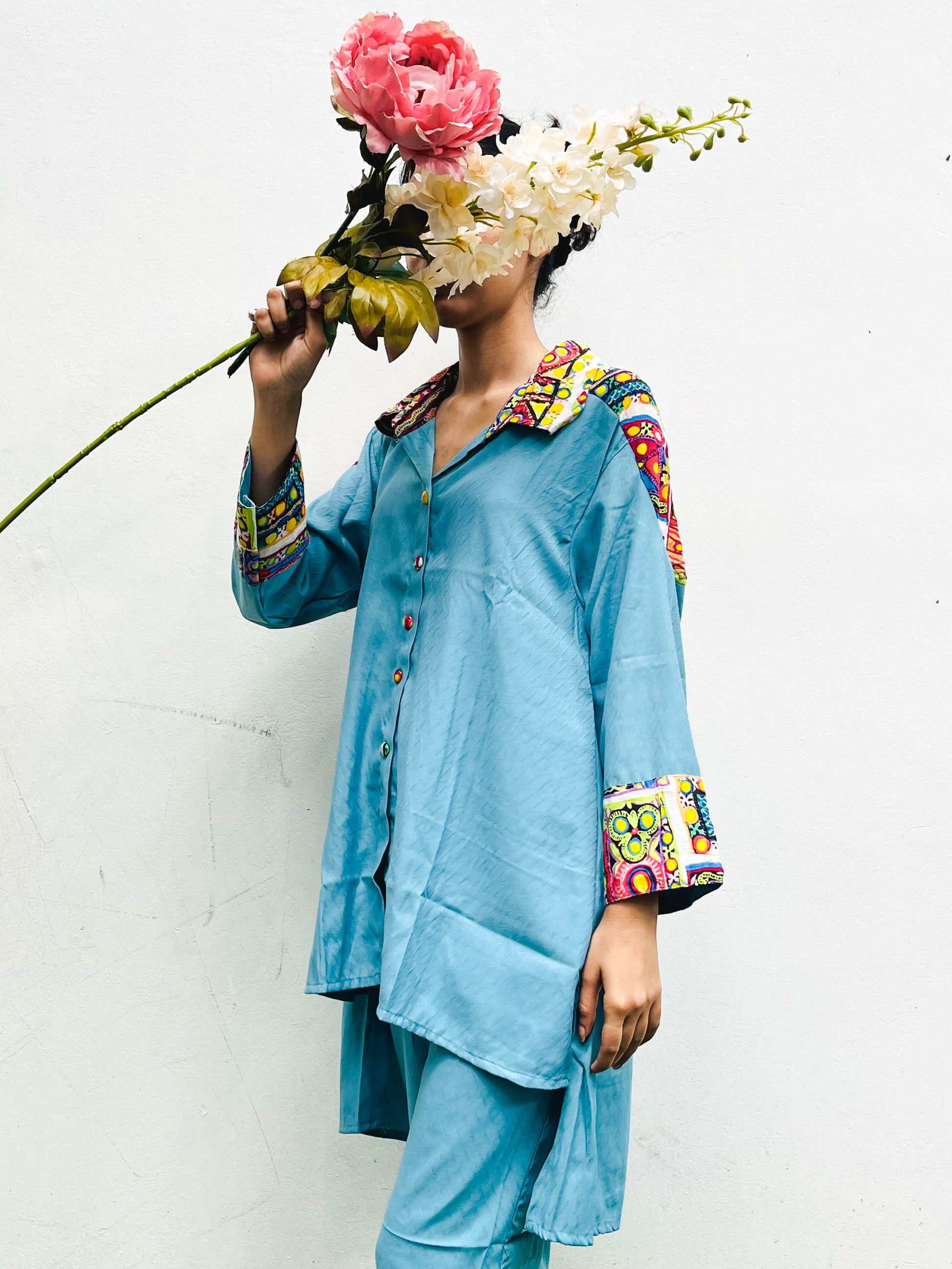 BLUE PATCH WORKED COTTON CO-ORD / KURTA SET BESU INDIA