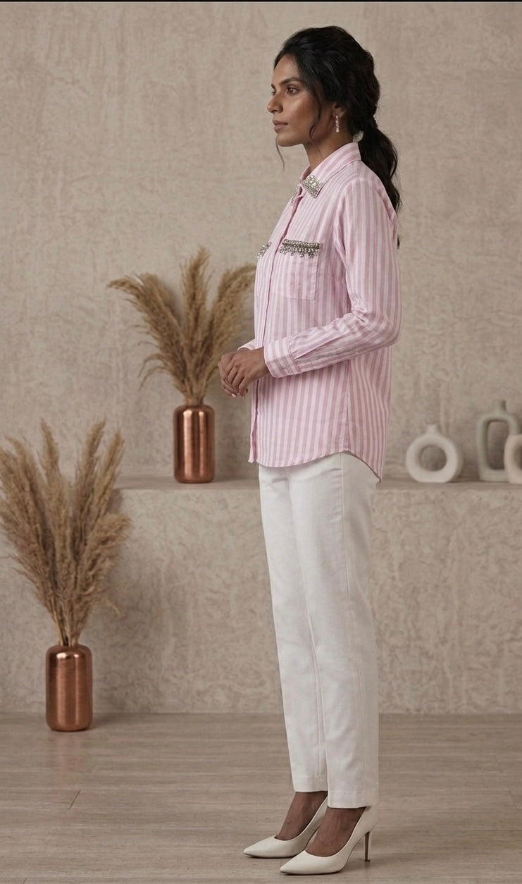 CANDY-PINK STRIPED SHIRT WITH EMBELLISHMENTS BESU INDIA