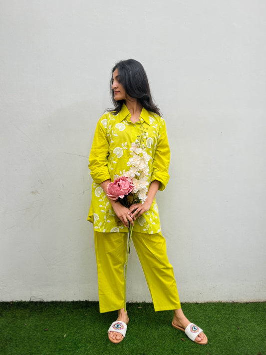 POP GREEN THREAD EMBROIDERED COTTON CO-ORD SET BESU INDIA