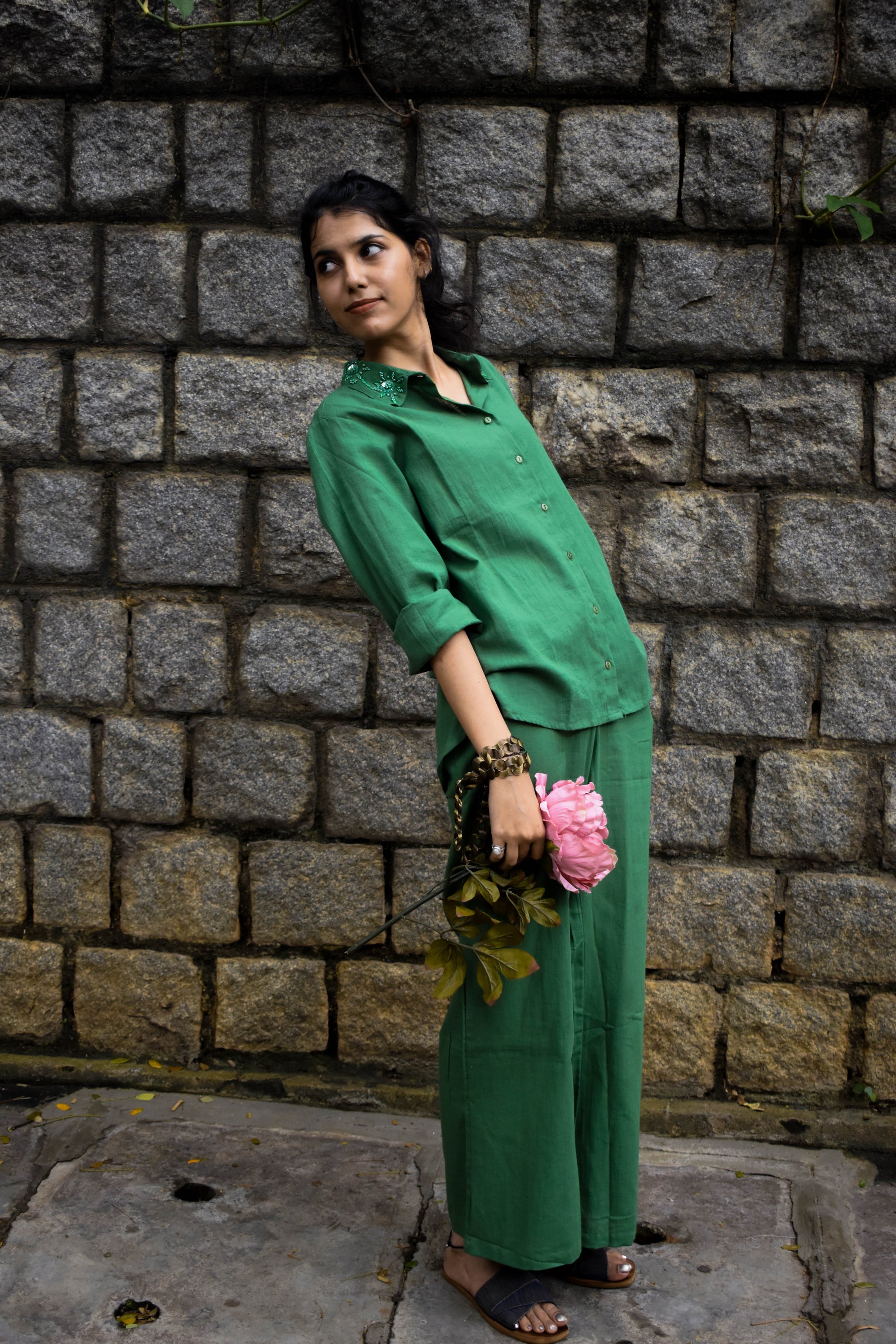 GREEN LINEN CO-ORD SET WITH EMBROIDERED COLLAR BESU INDIA