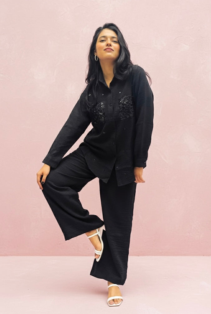 BLACK LINEN CO-ORDS WITH SEQUINS POCKETS BESU INDIA