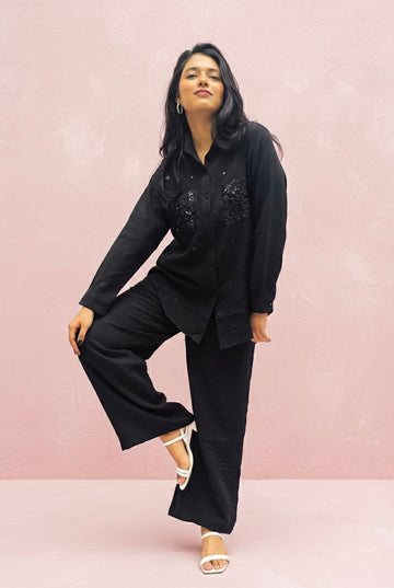 BLACK LINEN CO-ORDS WITH SEQUINS POCKETS BESU INDIA