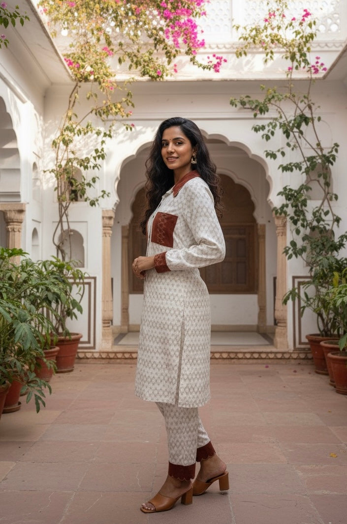 GOLD GEOMETRIC PRINT KURTA CO-ORD SET WITH RUST POCKETS BESU INDIA