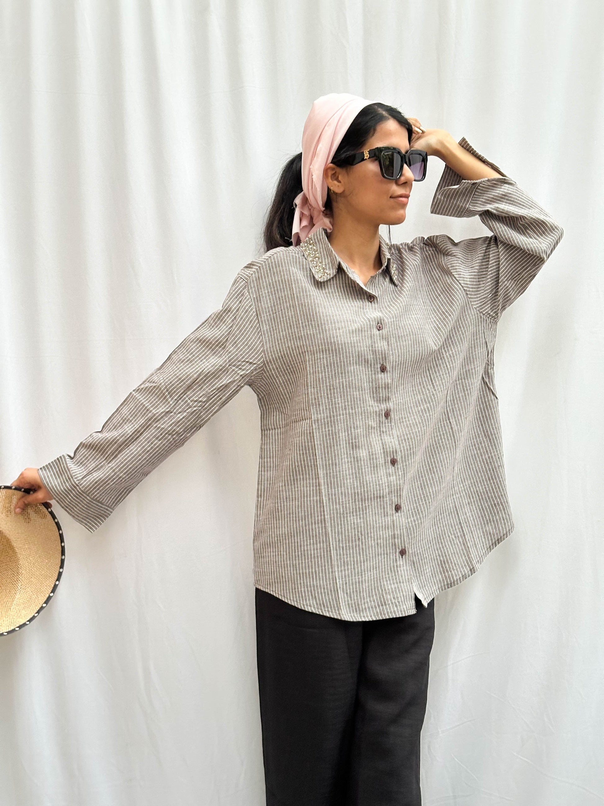 LIGHT GREY LINEN COMFORT SHIRT WITH EMBROIDERED COLLAR BESU INDIA