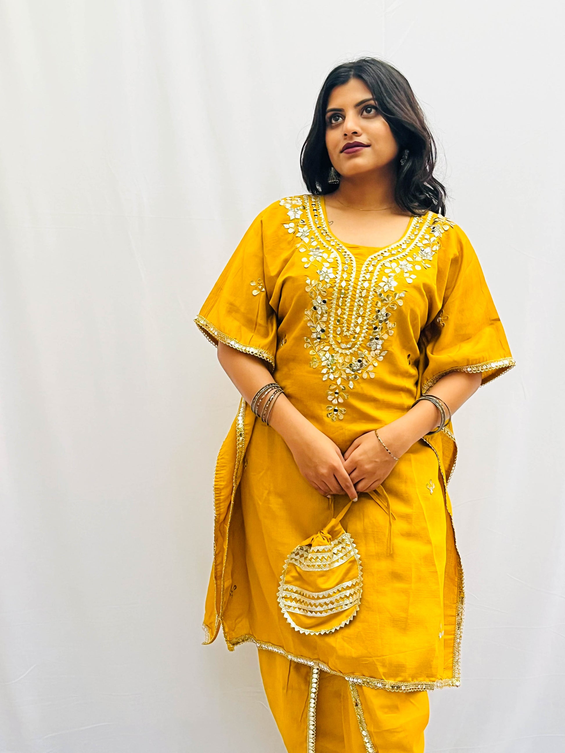 MUSTARD KAFTAN SET WITH A SMALL BAG BESU INDIA