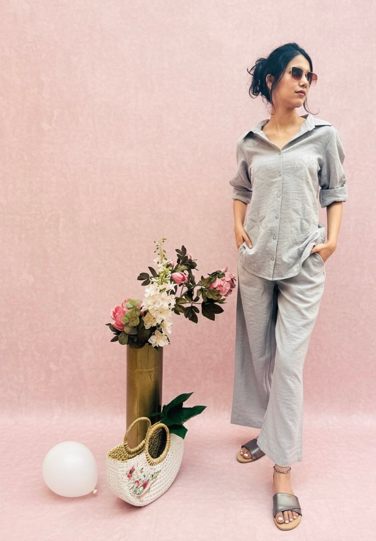 ACTOR DHANYA RAMKUMAR IN OUR SEQUIN EMBROIDERED LINEN SET BESU INDIA
