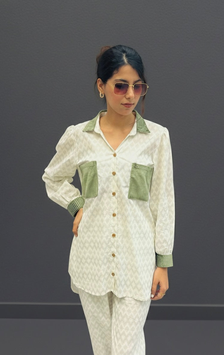 GREEN SUEDE PATCH WORKED - TEXTURED COTTON CO-ORD BESU INDIA