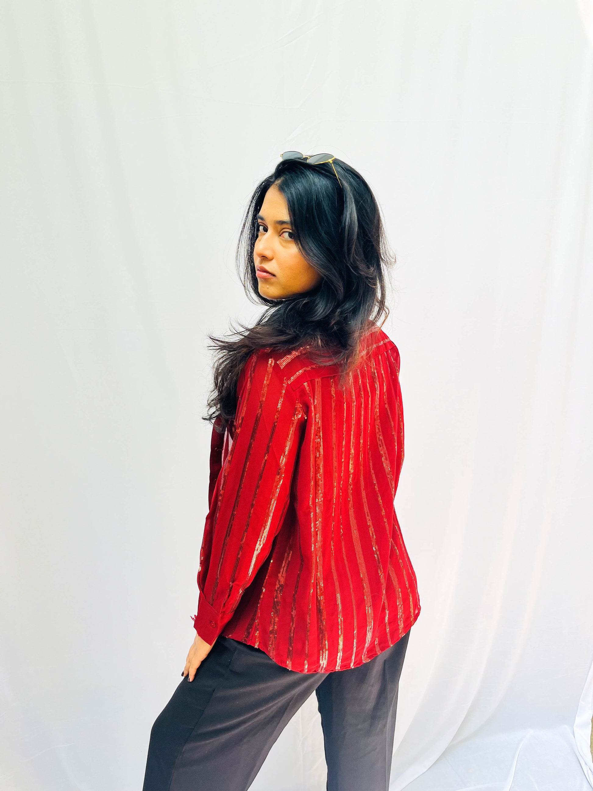RED SEQUINS SEMI TRANSPARENT SHIRT BESU INDIA