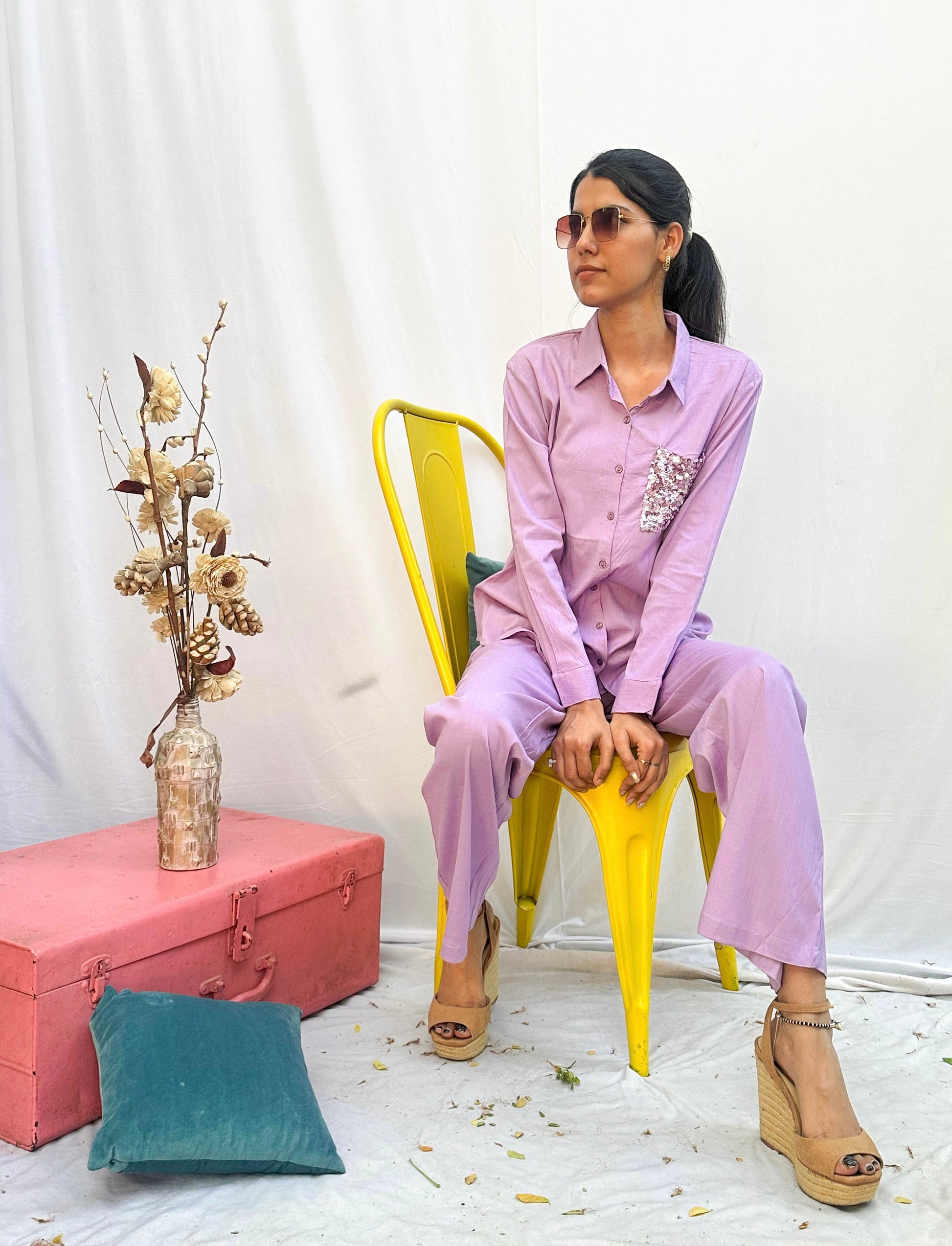 LAVENDER COTTON CO-ORD WITH SEQUINS POCKET BESU INDIA