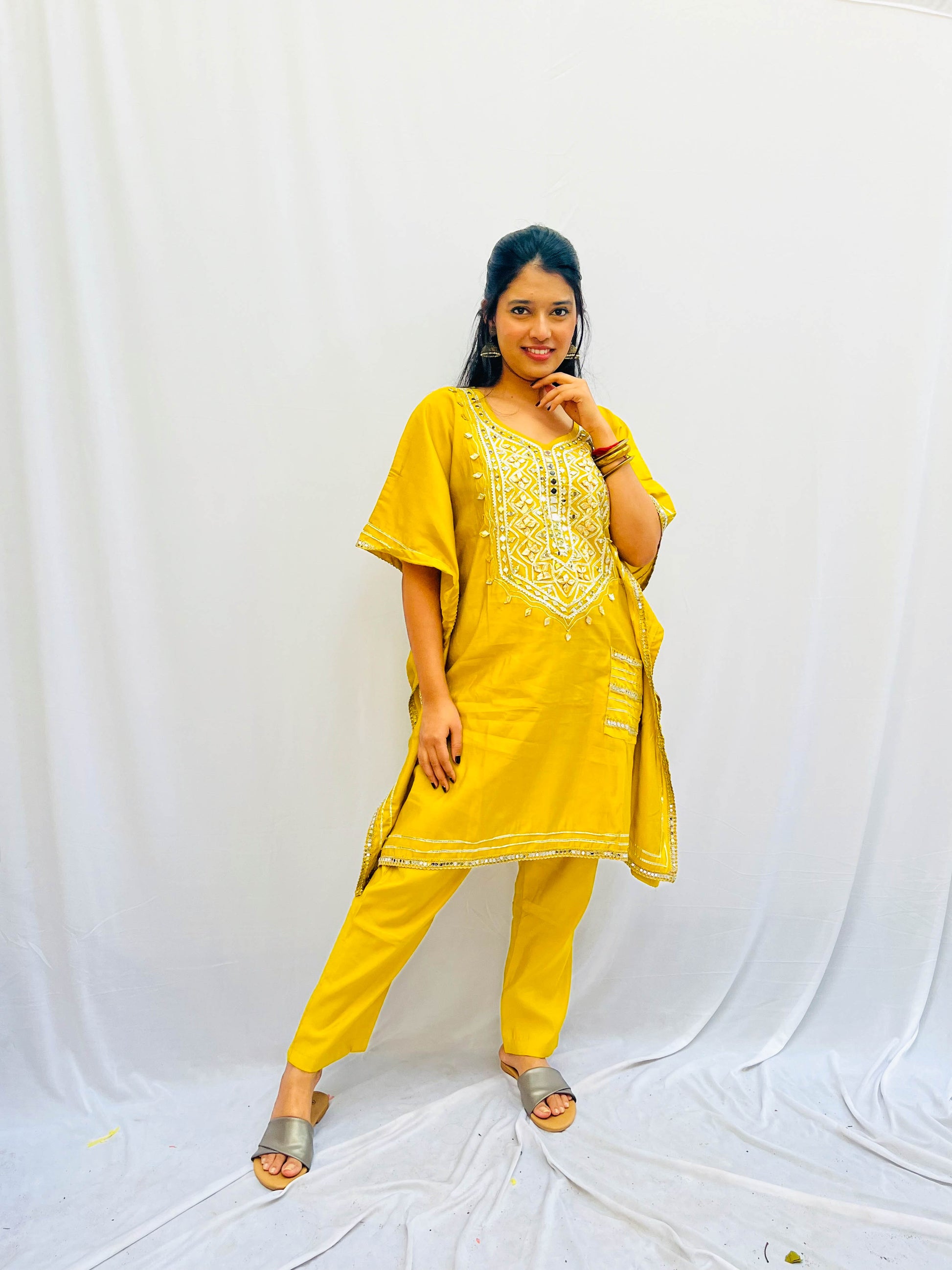 MUSTARD KAFTAN WITH GOLD EMBROIDERY BESU INDIA