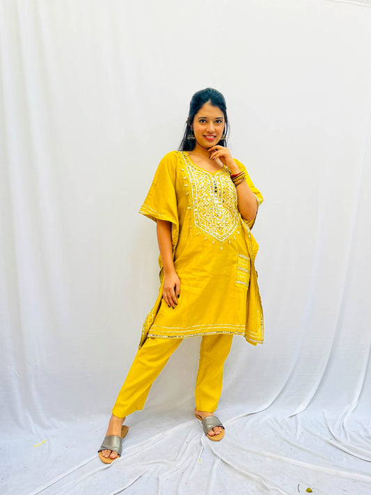 MUSTARD KAFTAN WITH GOLD EMBROIDERY BESU INDIA