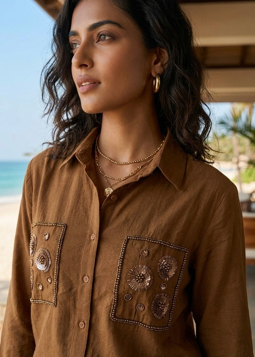 EARTHY BROWN SHIRT WITH SEQUIN DETAIL BESU INDIA