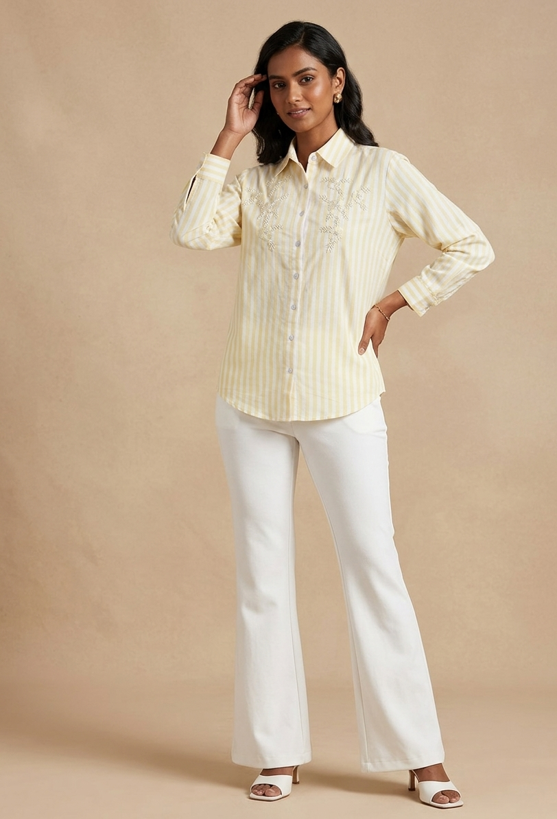 YELLOW STRIPED SHIRT WITH BEADED EMBROIDERY BESU INDIA