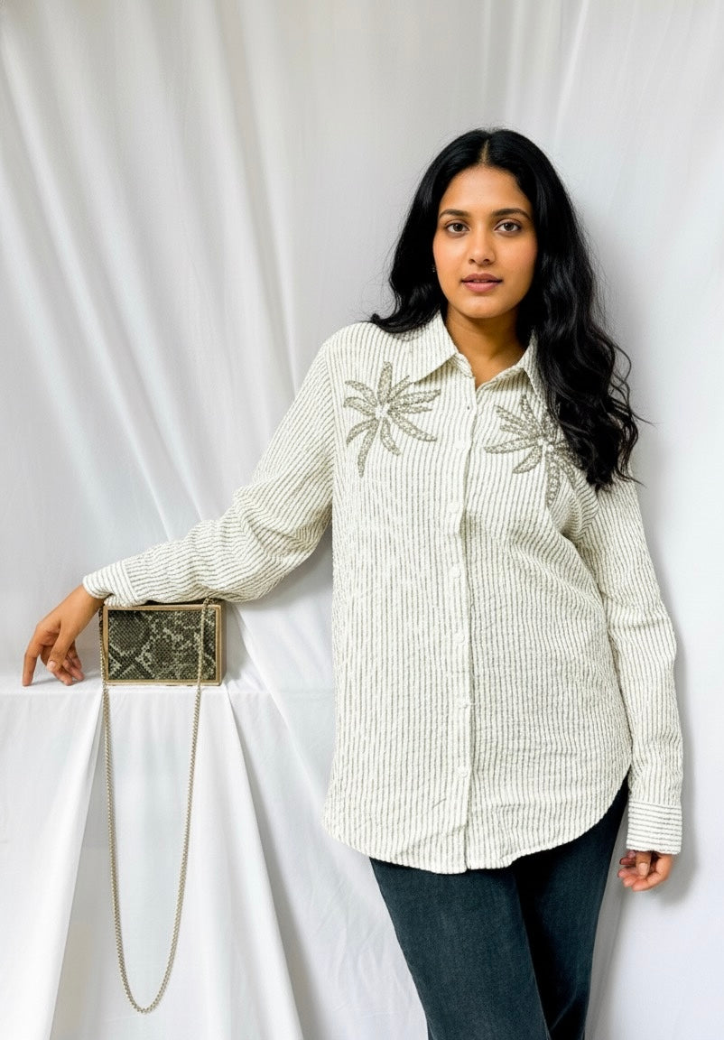 GREY AND WHITE STRIPES TEXTURED COTTON SHIRT WITH EMBELLISHMENTS BESU INDIA