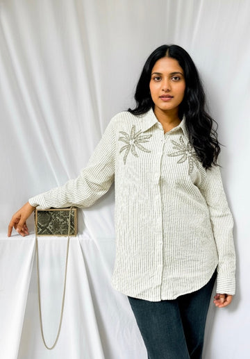 GREY AND WHITE STRIPES TEXTURED COTTON SHIRT WITH EMBELLISHMENTS BESU INDIA