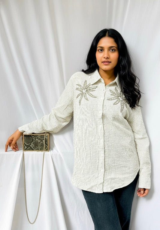 GREY AND WHITE STRIPES TEXTURED COTTON SHIRT WITH EMBELLISHMENTS BESU INDIA