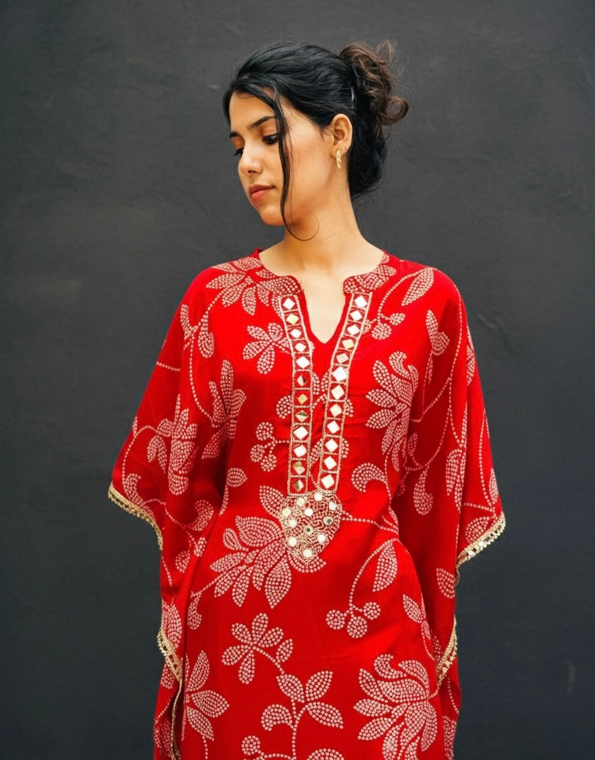 RED FLORAL PRINTED KAFTAN WITH TULIP PANTS BESU INDIA