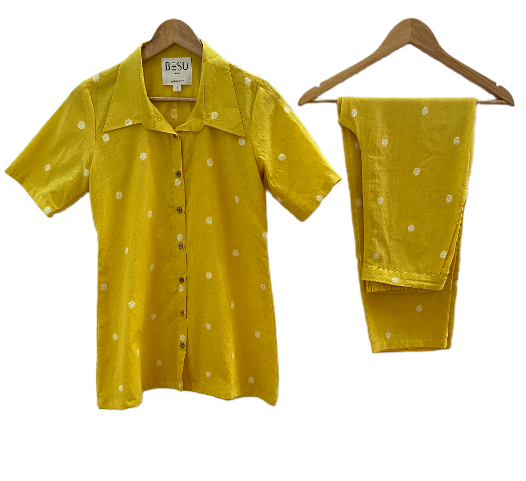 WHITE POLKA DOTTED YELLOW COTTON CO-ORD BESU INDIA