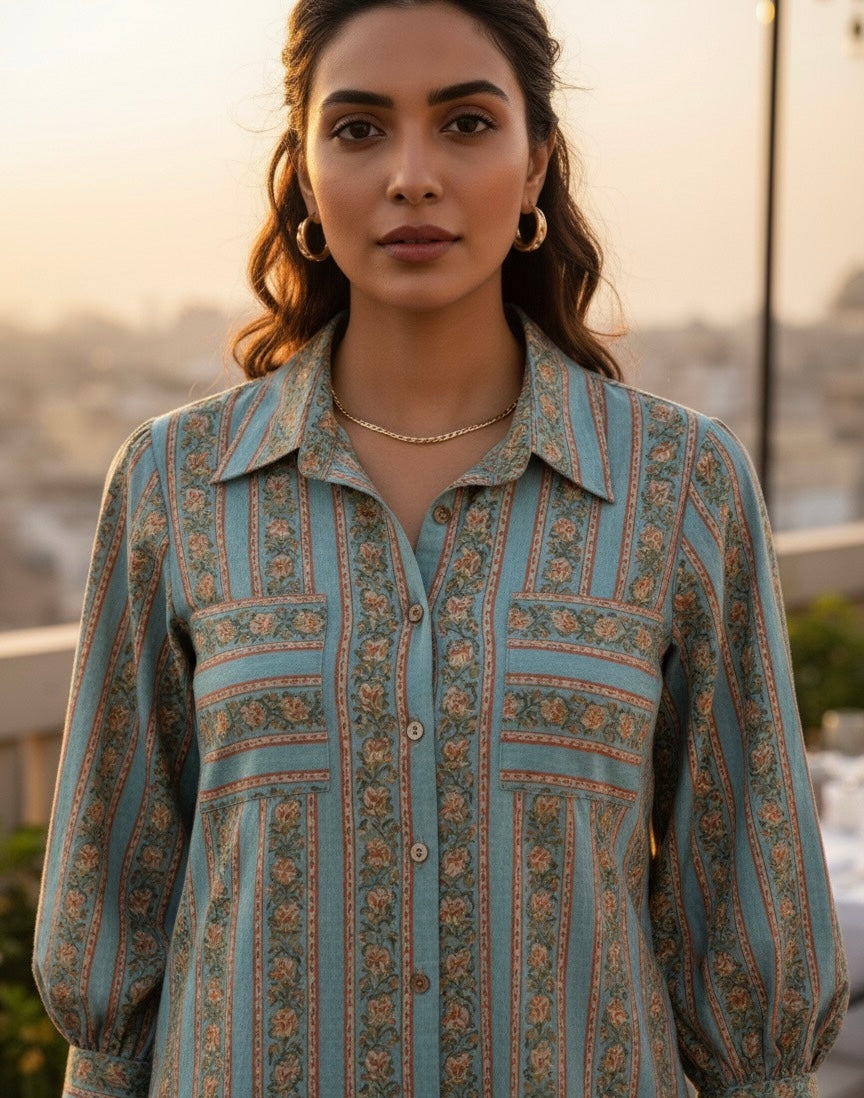 CANNES BLUE FLORAL PRINT SHIRT DRESS / KURTA TOP BESU INDIA
