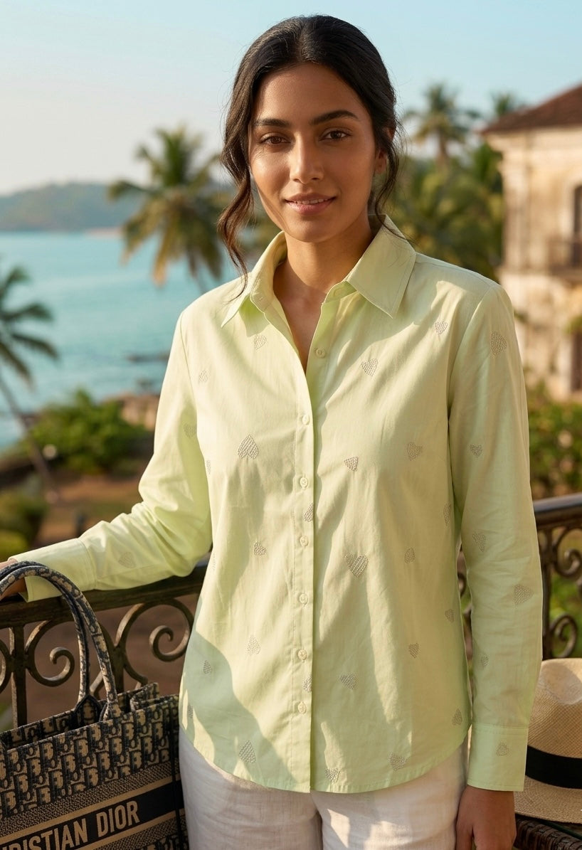 LIME GREEN HEART EMBROIDERED SHIRT BESU INDIA